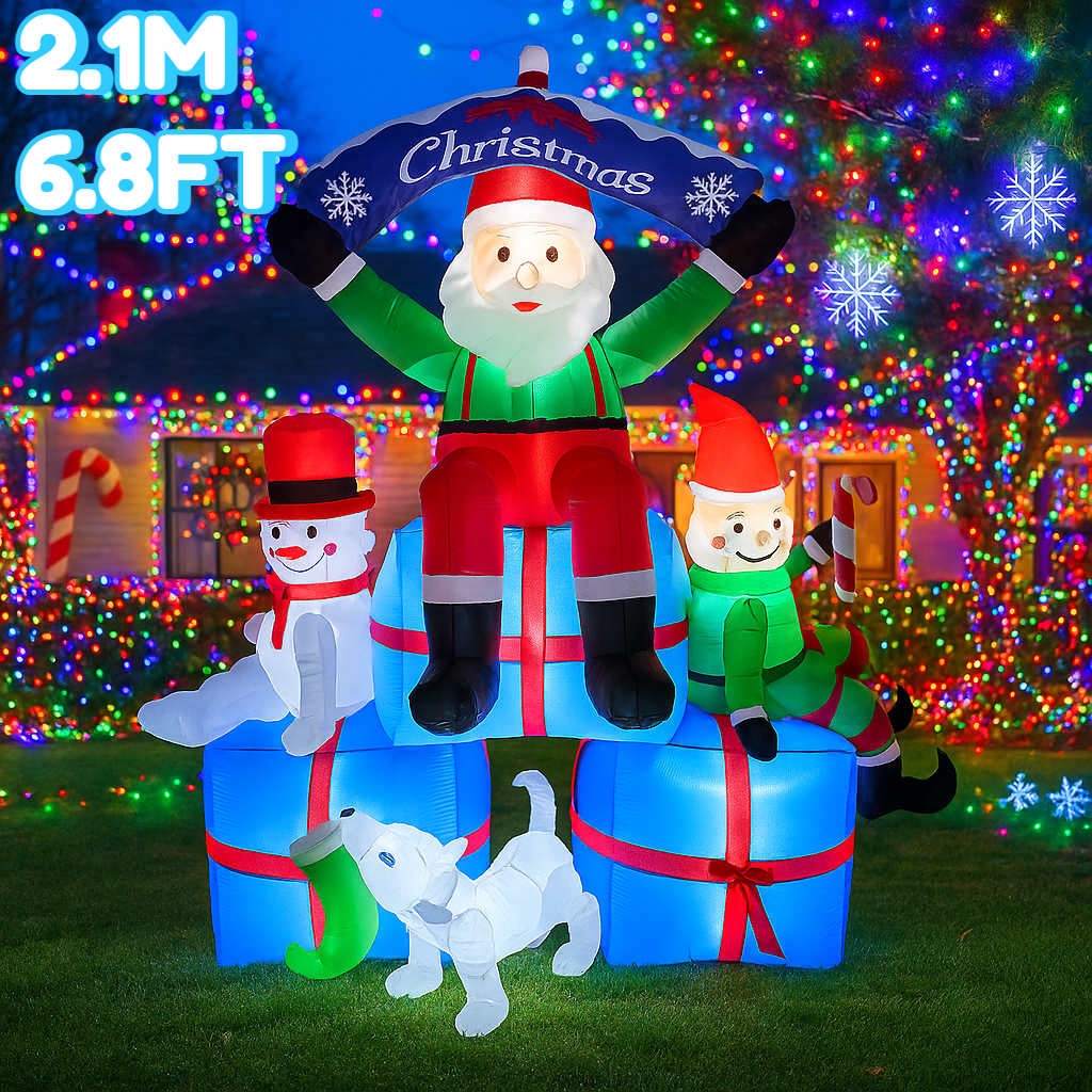 Santa'S Elves Holiday Lighting & Decor Llc - 2.1M/6.8FT Snowman Santa Elf Dog Inflatable