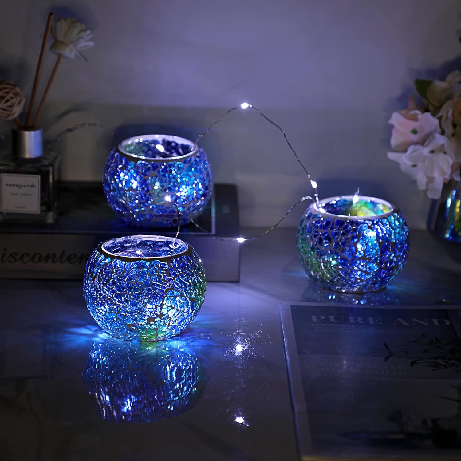 Set of 3 Blue Mosaic Glass Tea - Lighting Decoration Stand บทวิจารณ์และราคา